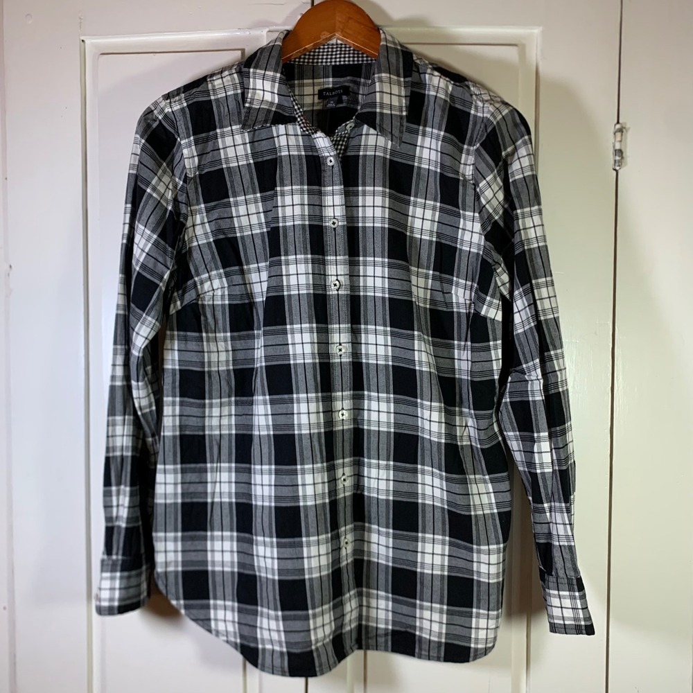 Talbots Womens Medium Black White Plaid Cotton Button Down Shirt Long Sleeve